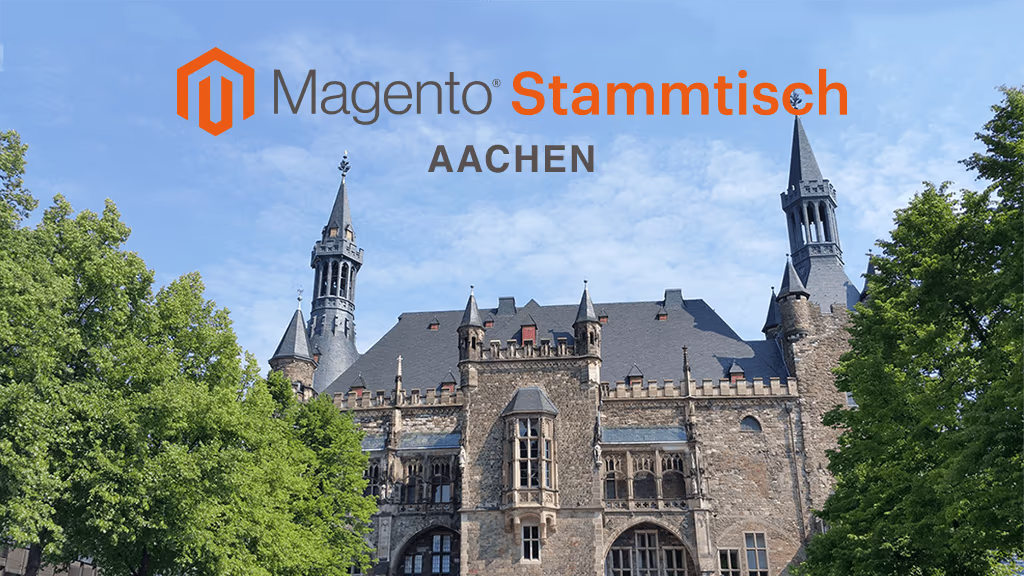 Das Aachener Rathaus im Frühling mit dem Logo des Magento-Stammtischs Aachen