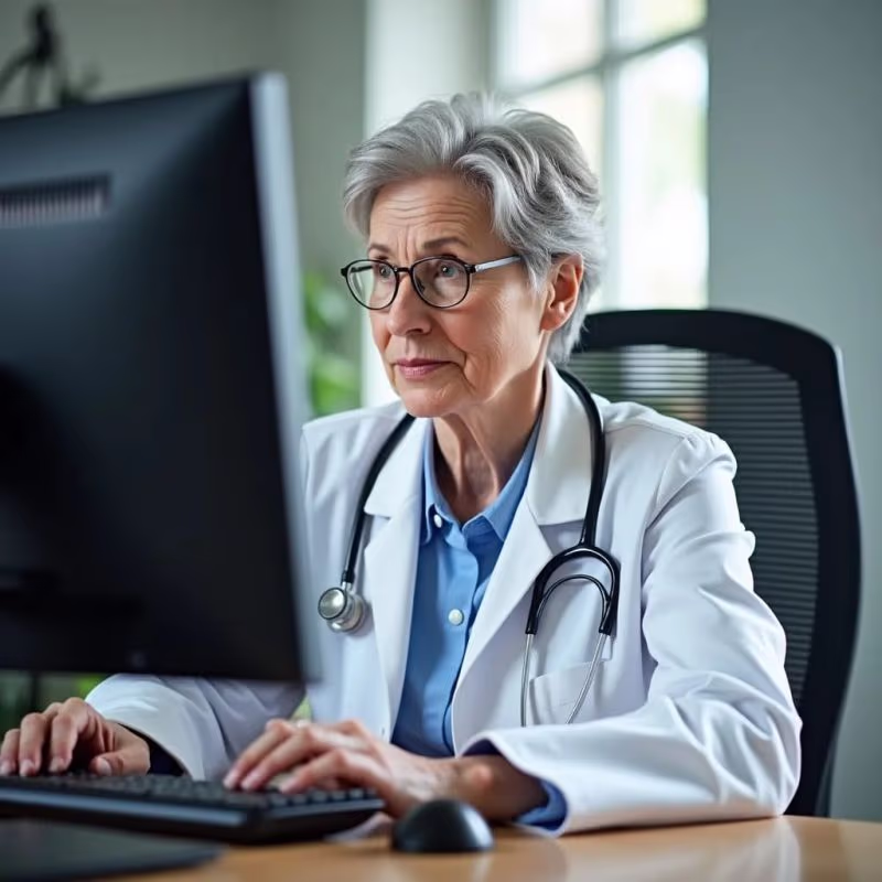KI-generiertes Bild einer Ärztin mit ernsten Ausdruck, welche an einem Computer sitzt.