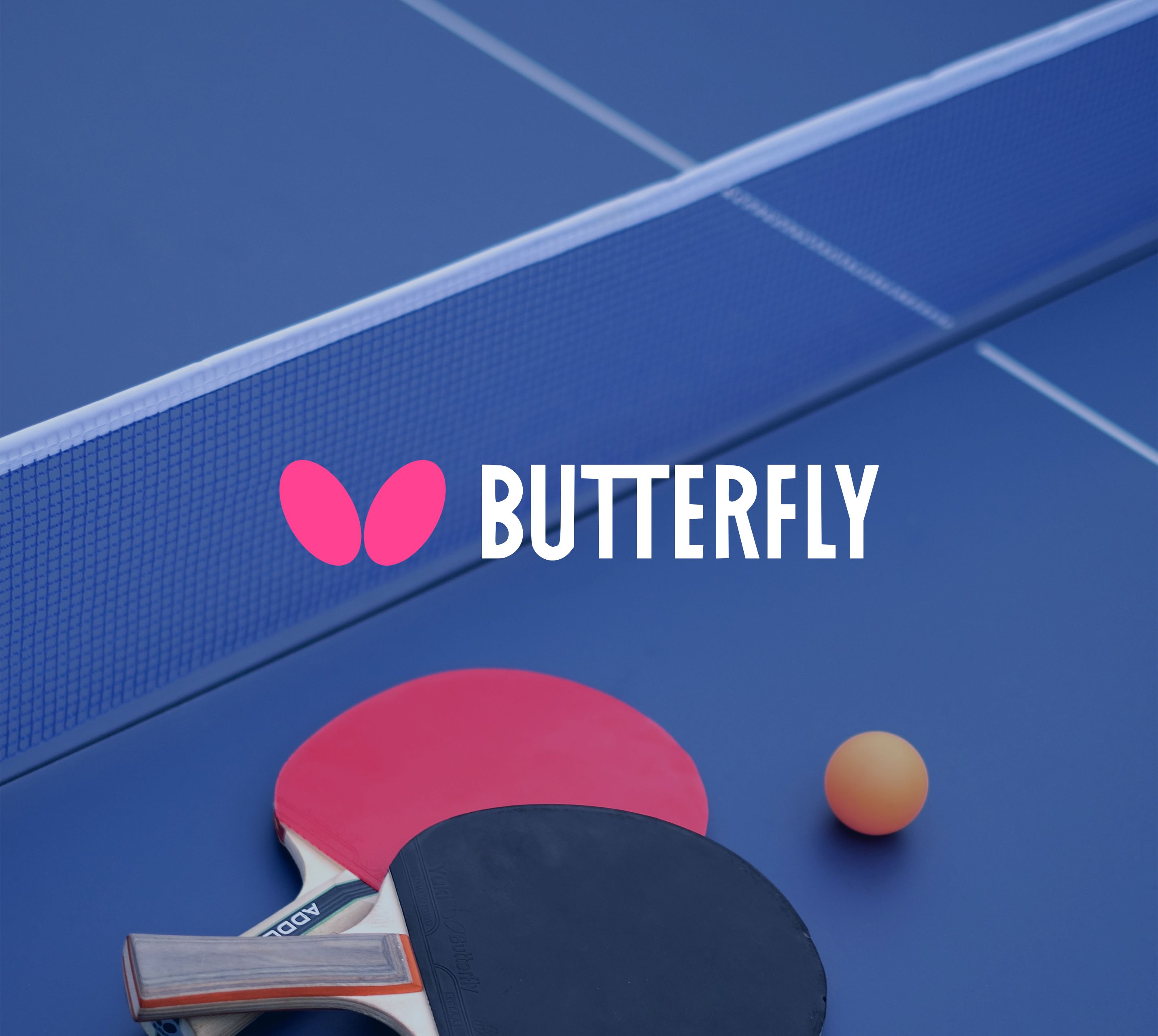 Picture with table tennis paddles and the Butterfly logo