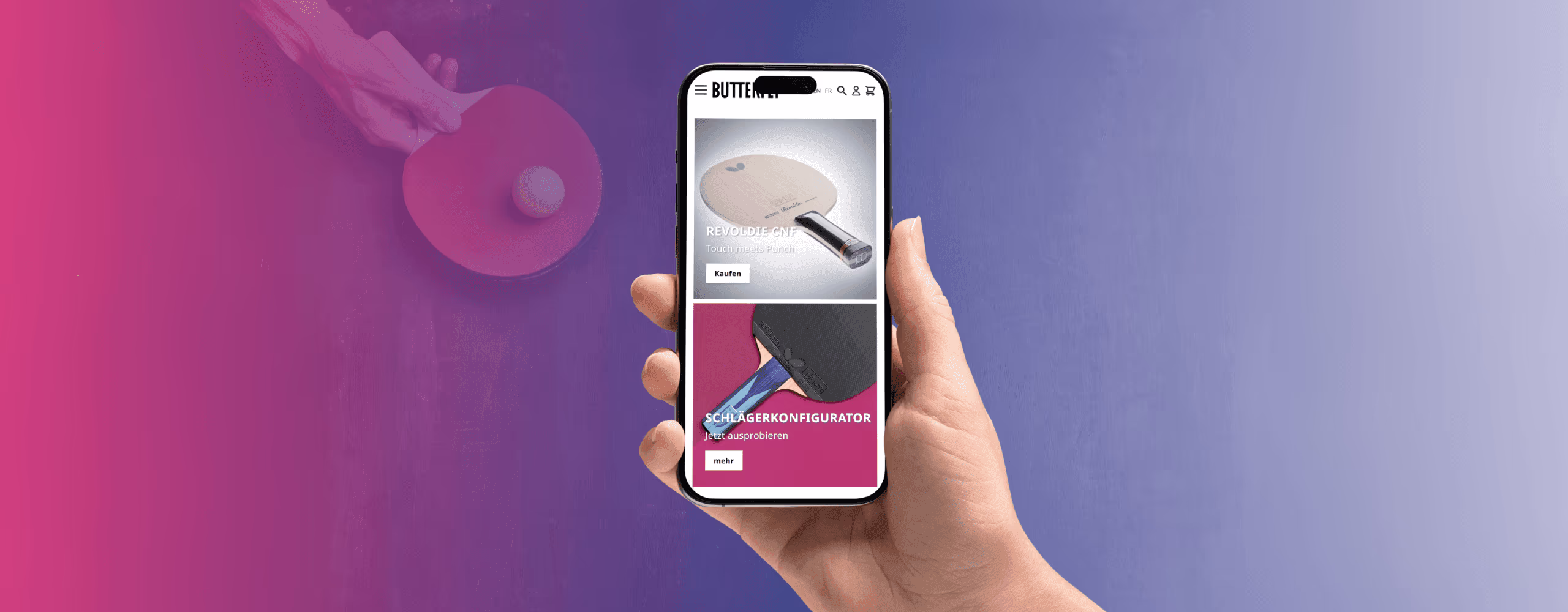 Hand holding a phone: On the screen is the Butterfly Online-Shop