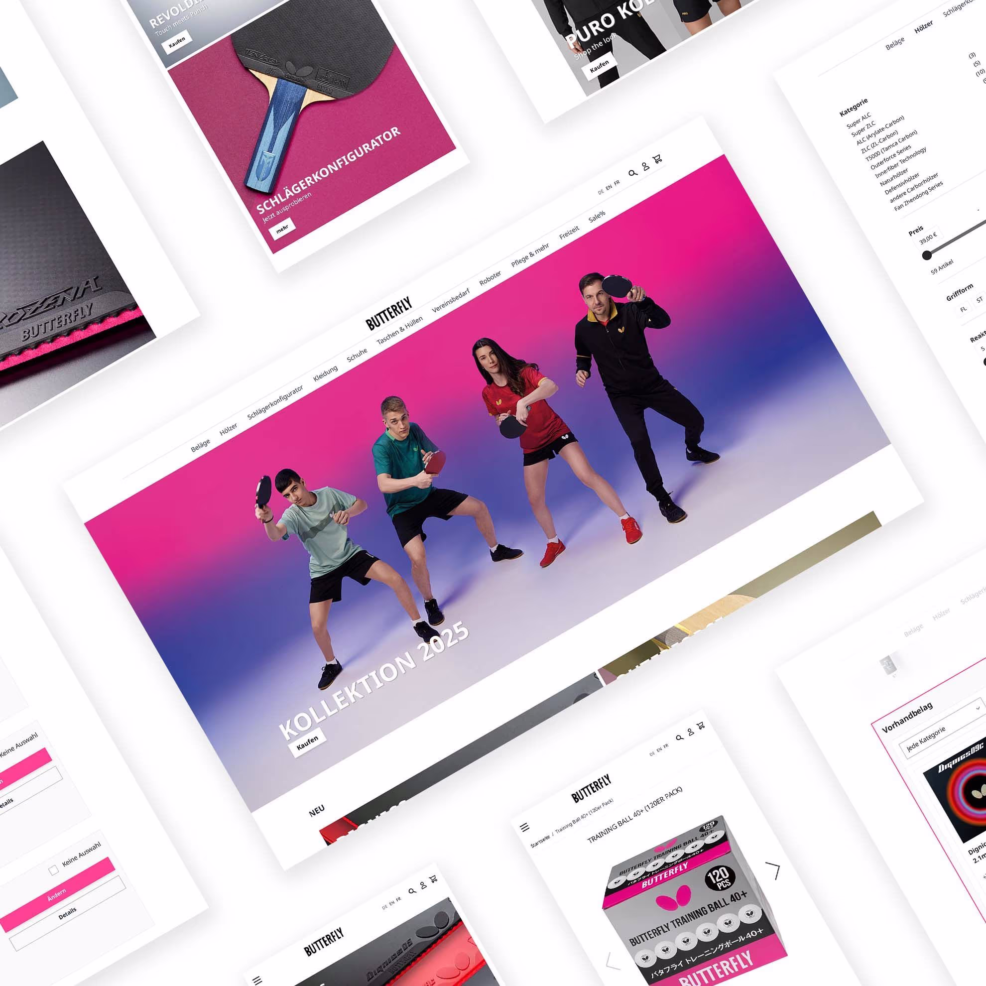 Collage with screenshots of the Butterfly webshop