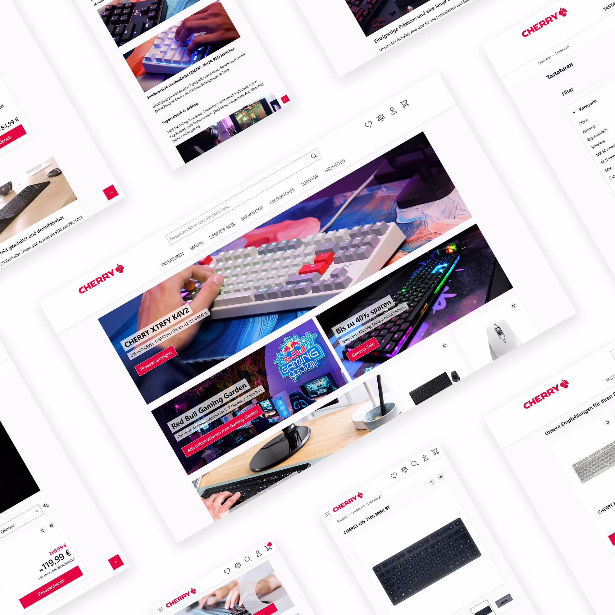 Collage aus verschiedenen Screenshots aus dem Webshop von Cherry. Schräge Anordnung von links unten nach rechts oben. Weißer Hintergrund.
