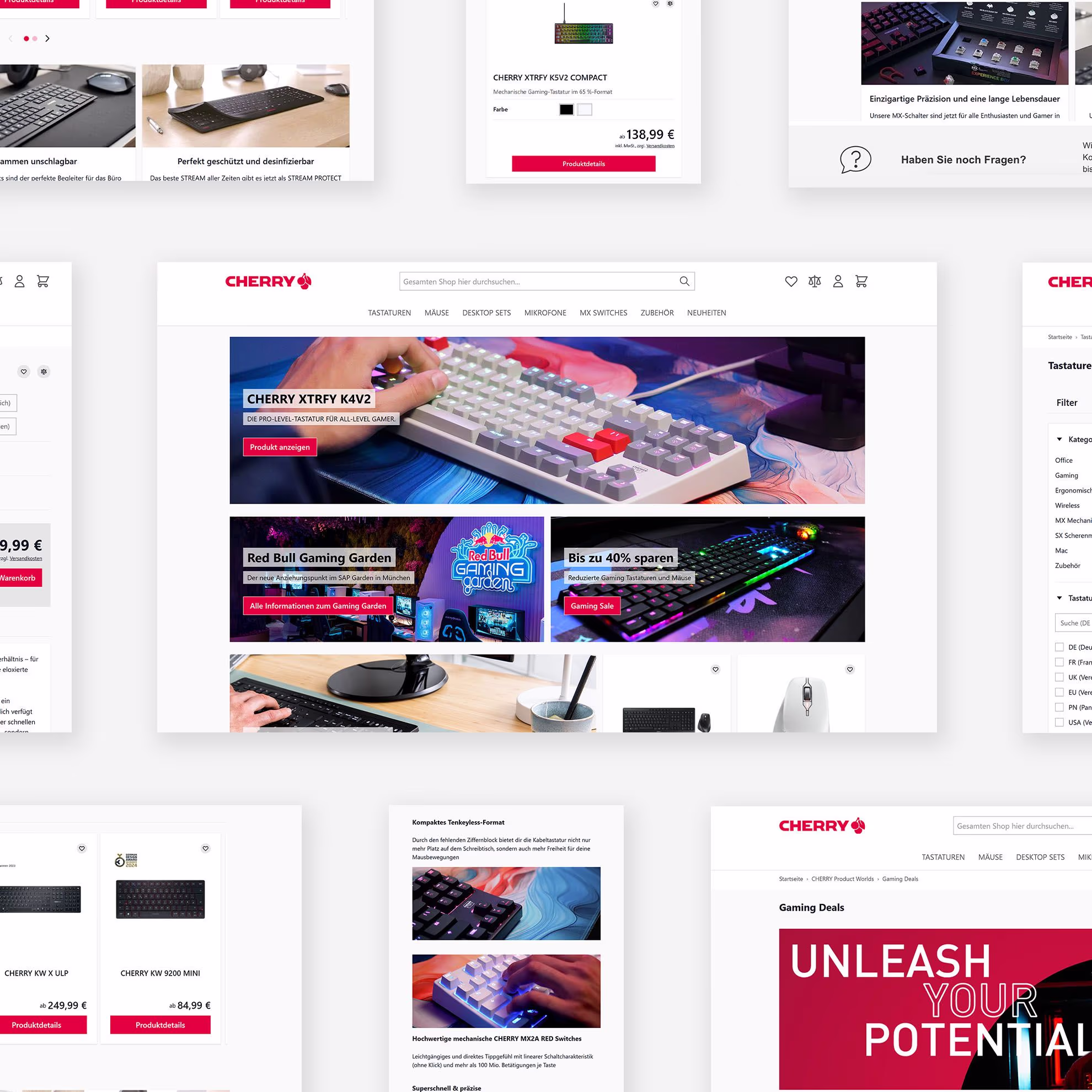 Collage aus verschiedenen Screenshots aus dem Webshop von Cherry. Schräge Anordnung von links nach rechts . Weißer Hintergrund.
