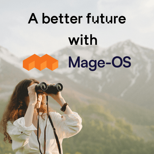 A woman looks up into the sky with binoculars. Above her is written: More future with Mage-OS