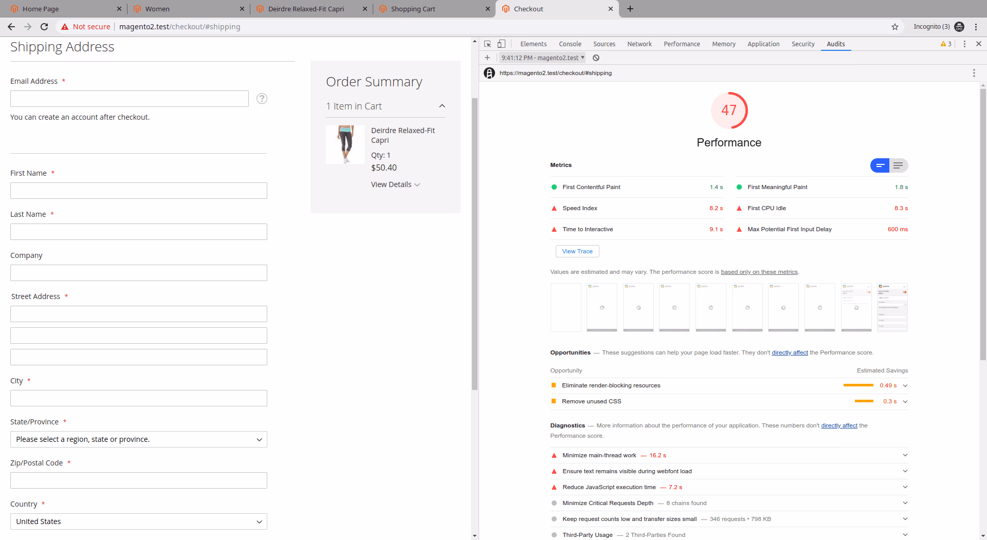Result of Lighthouse Perfomance Audit for the checkout of the Luma DemoStore