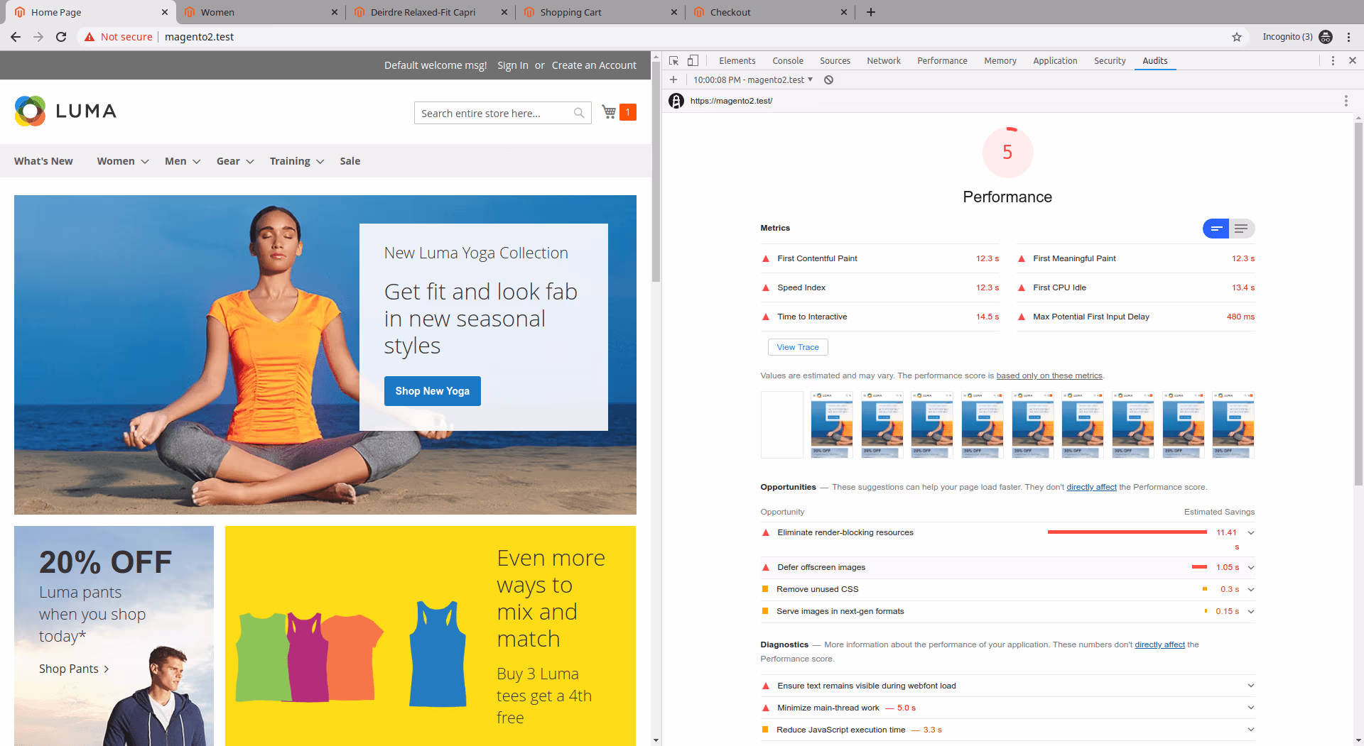 Result of Lighthouse Perfomance Audits for Luma DemoStore with Default Magento 2 Bundling