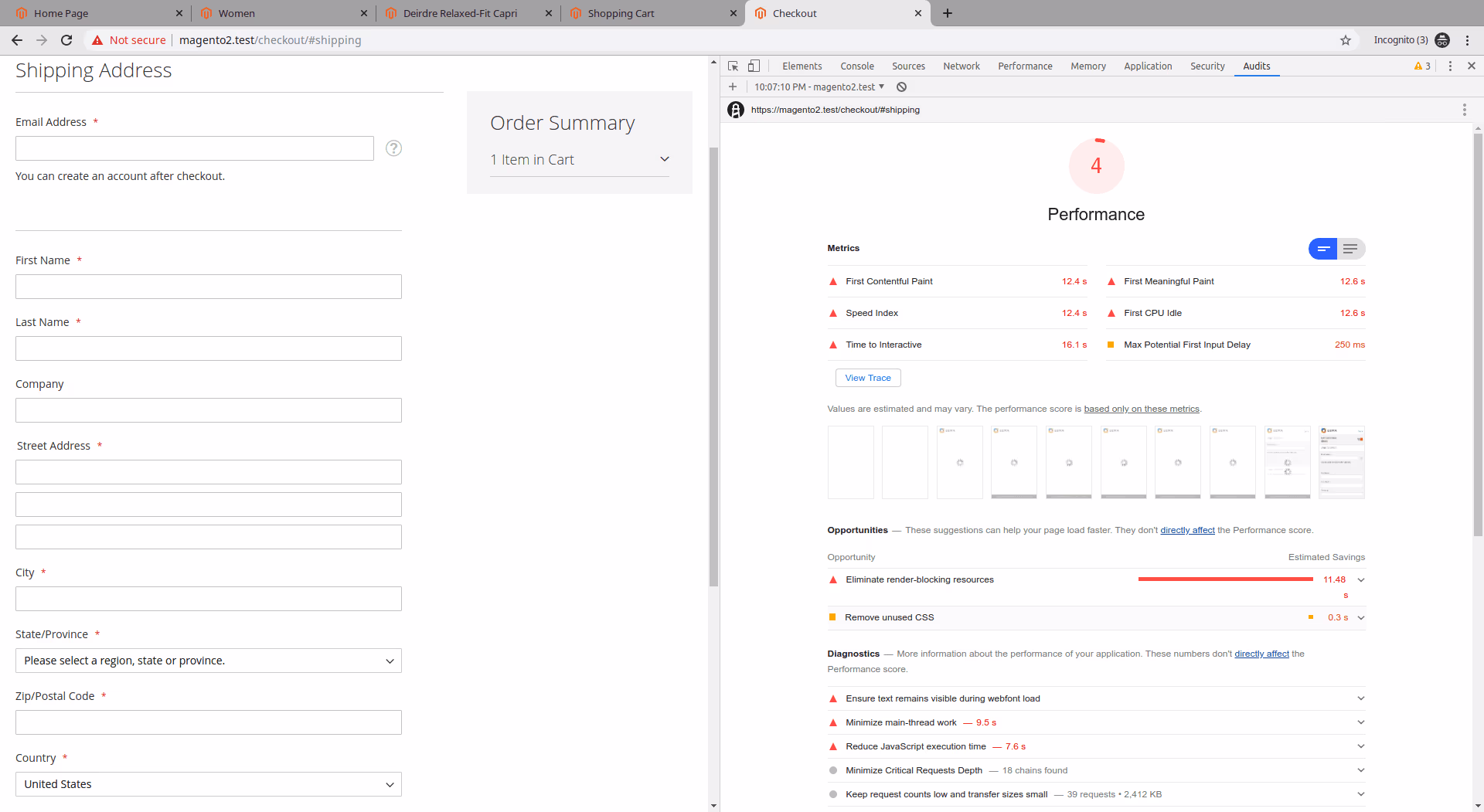 Result of Lighthouse Perfomance Audit for the checkout of the Luma DemoStore with Default Magento 2 Bundling