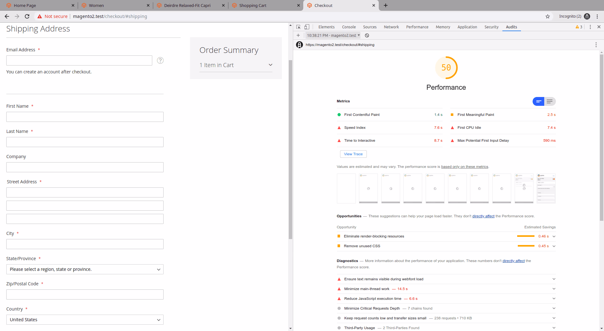 Result of Lighthouse Perfomance Audits with Baler for the Luma DemoStore checkout