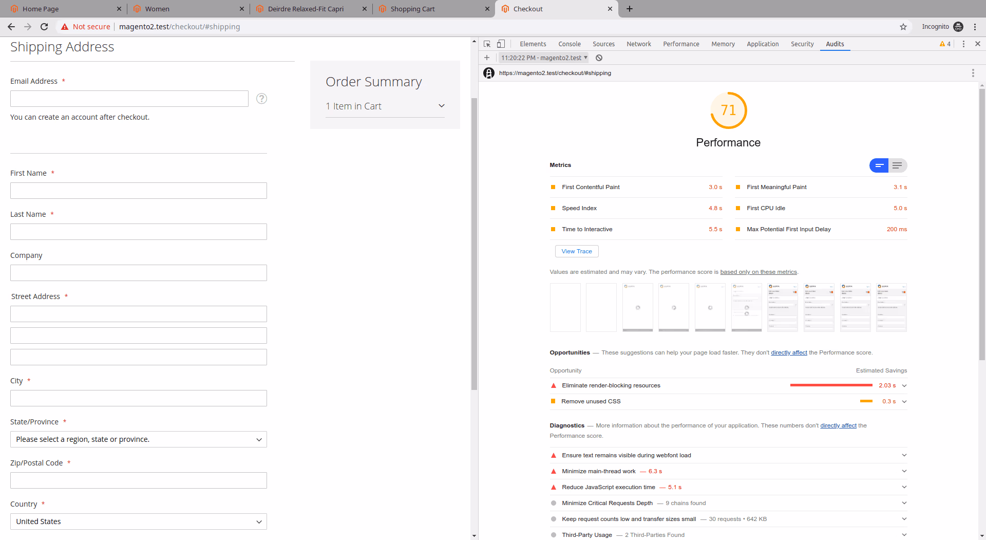 Result of Lighthouse Perfomance Audits with Devtools for the Luma DemoStore Checkout
