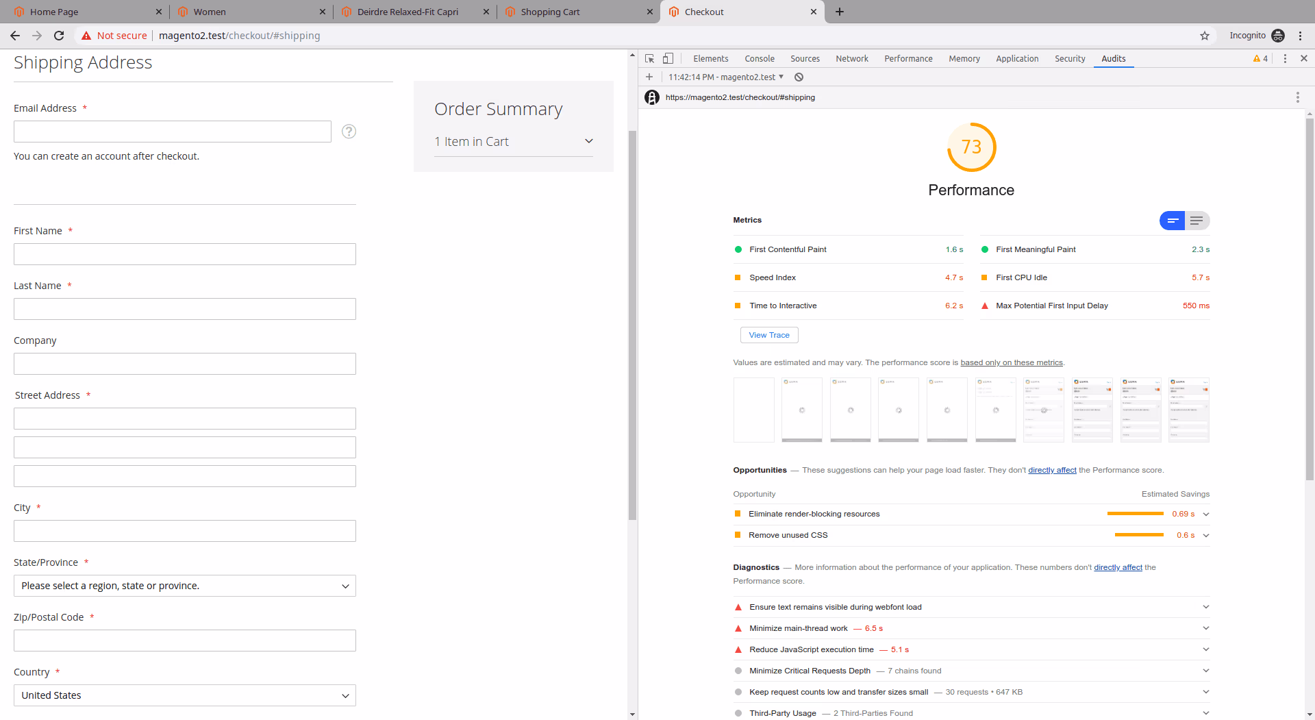 Result of Lighthouse Perfomance Audits with integer_net bundling for the checkout of the Luma Demostore