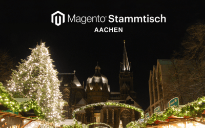 Blick auf den Aachener Dom mit dem Weihnachtsmarkt im Vordergrund. Überschrift: Magento Stammtisch Aachen