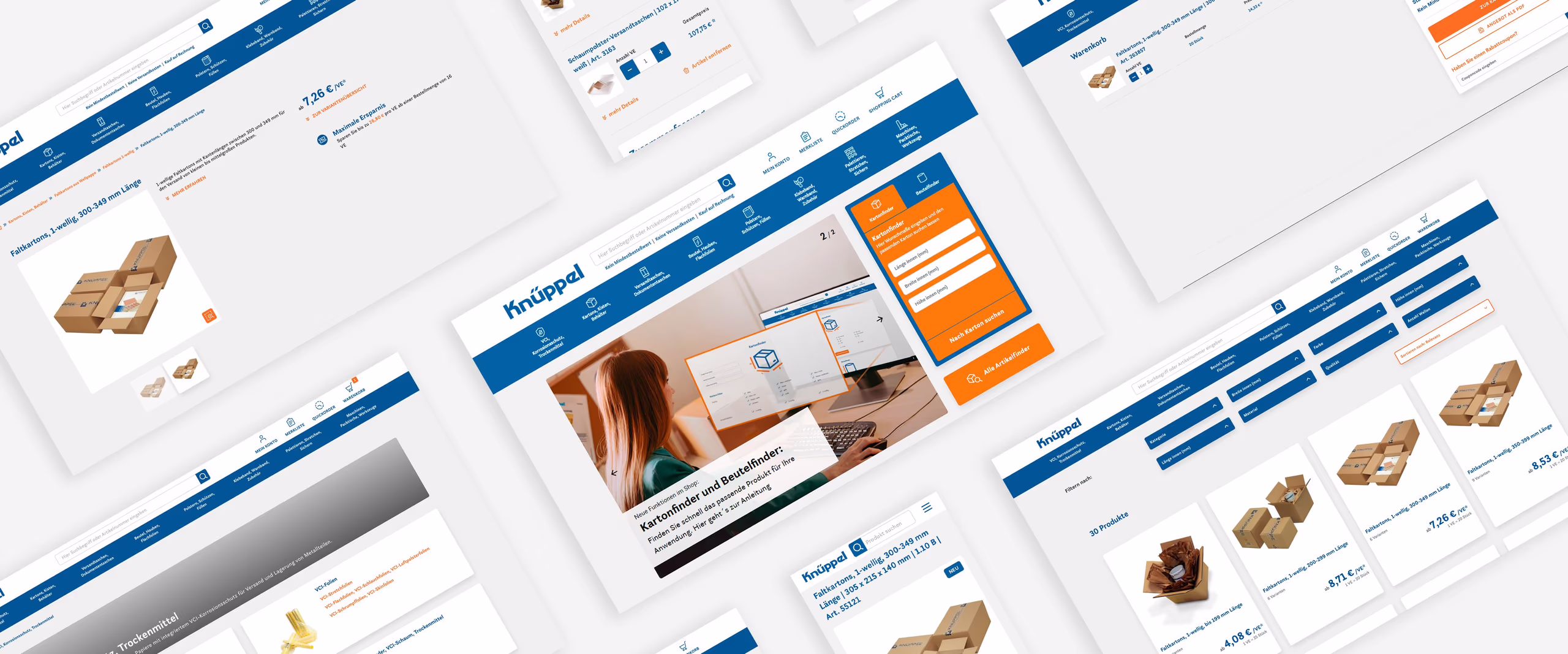 Collage aus verschiedenen Screenshots aus dem Webshop von Knüppel Verpackung GmbH & Co. KG