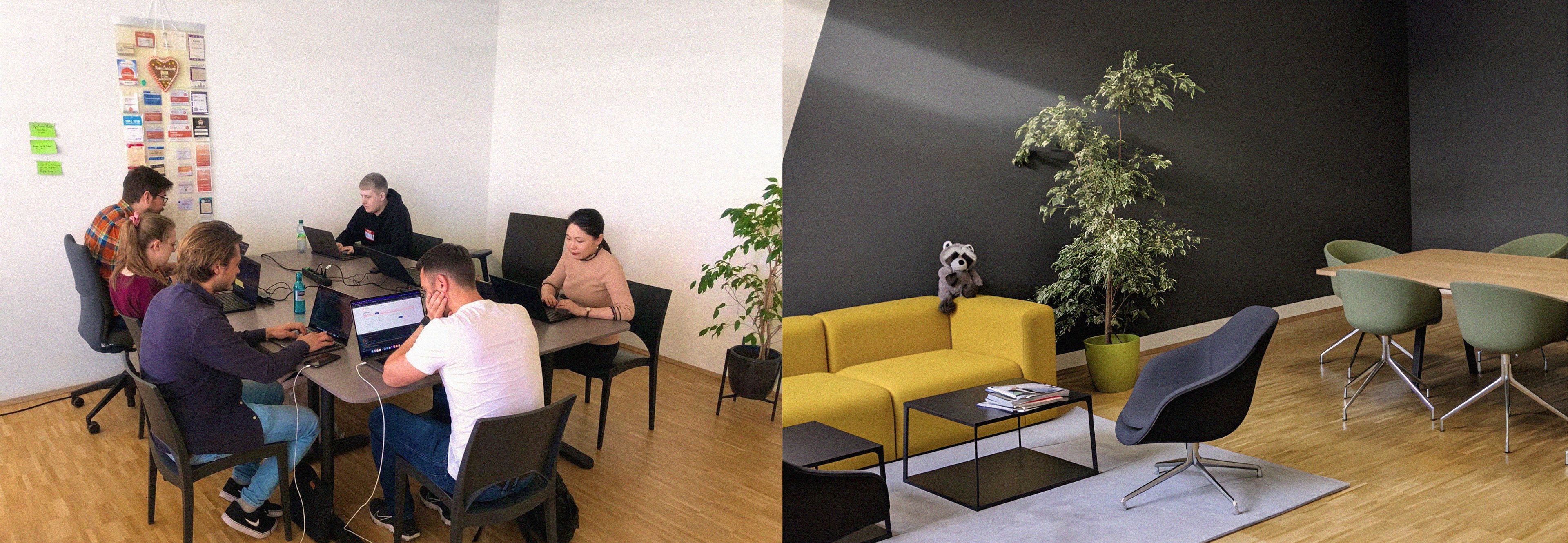 A picture of people working together and a second picture of the office