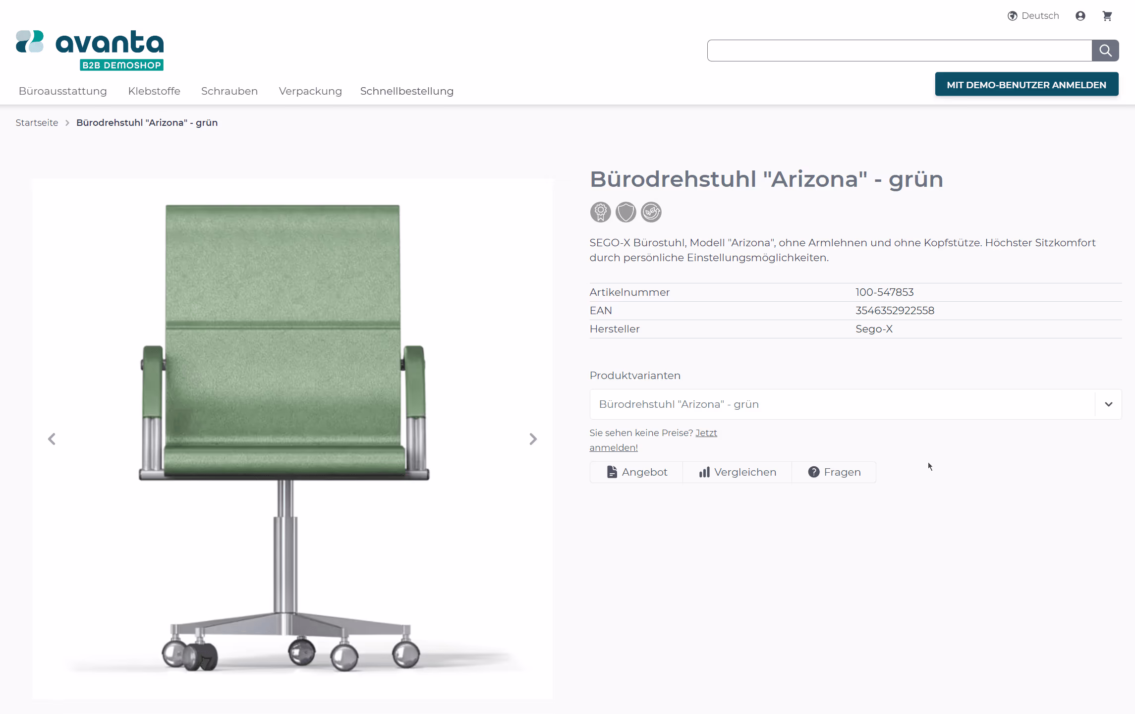 Screenshot des Avanta Demoshops - Büroausstattung