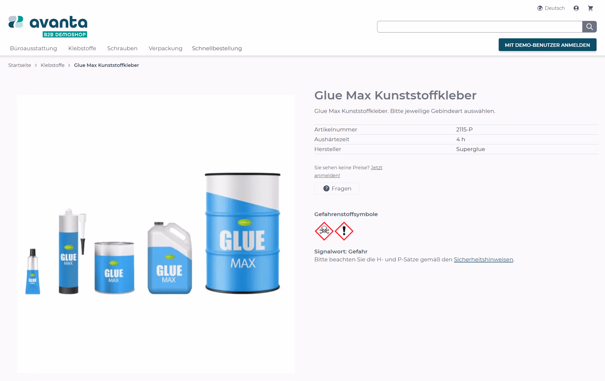 Screenshot des Avanta Demoshop - Chemiebranche