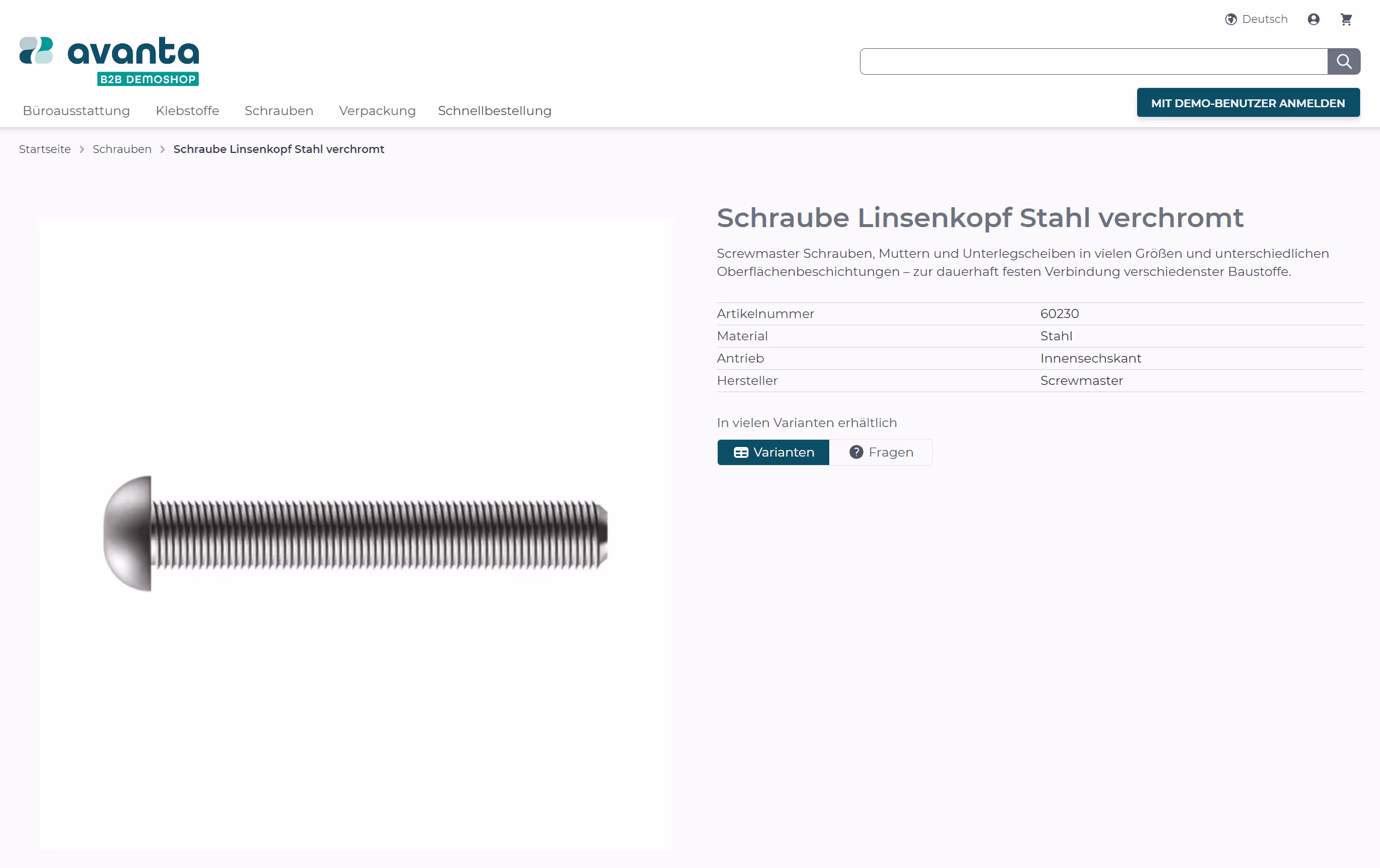Screenshot des Avanta Demoshop - Normteile