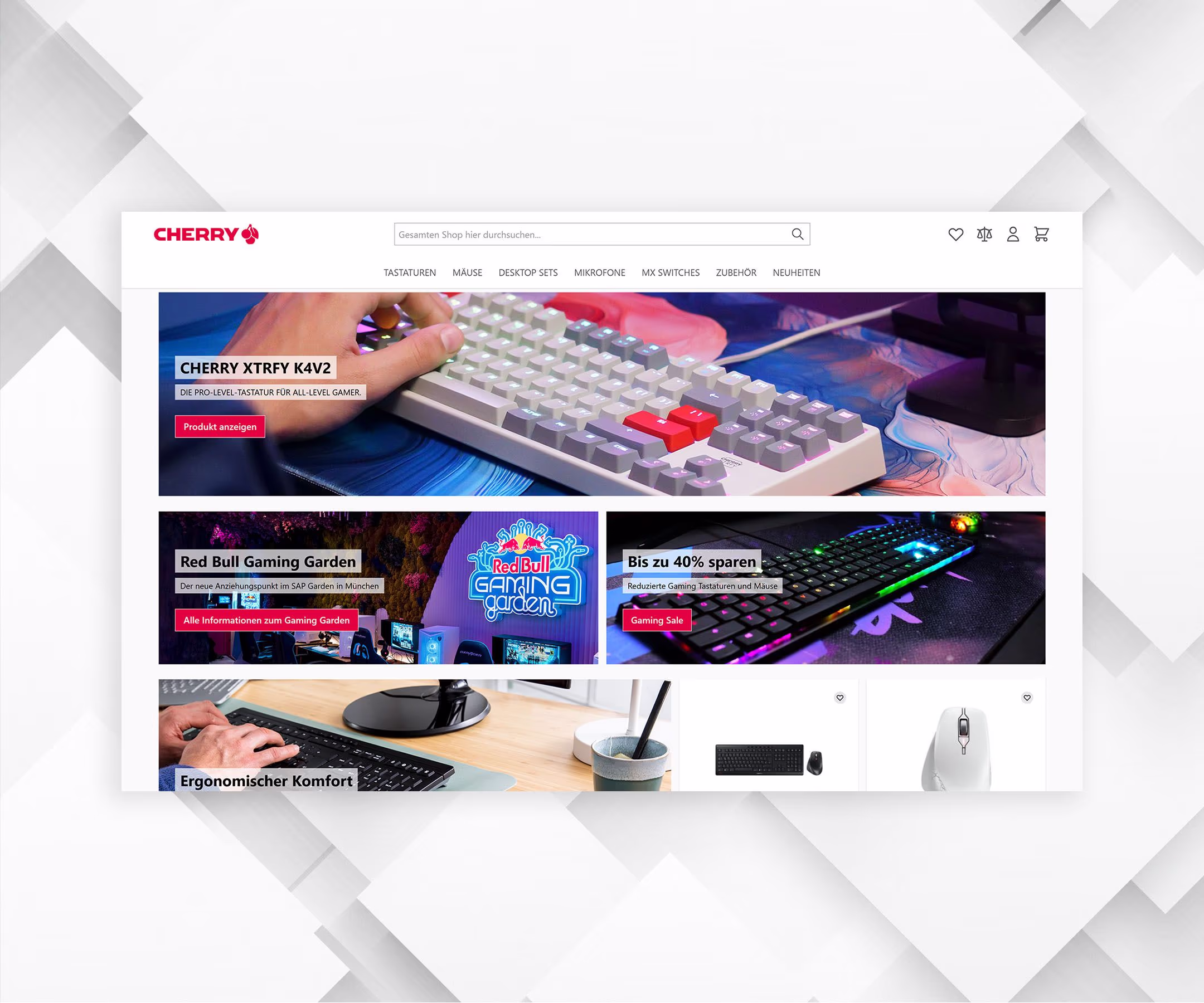 Screenshot der Shop-Startseite von Cherry. Die Bilder befinden sich auf einem weißen Hintergrund.