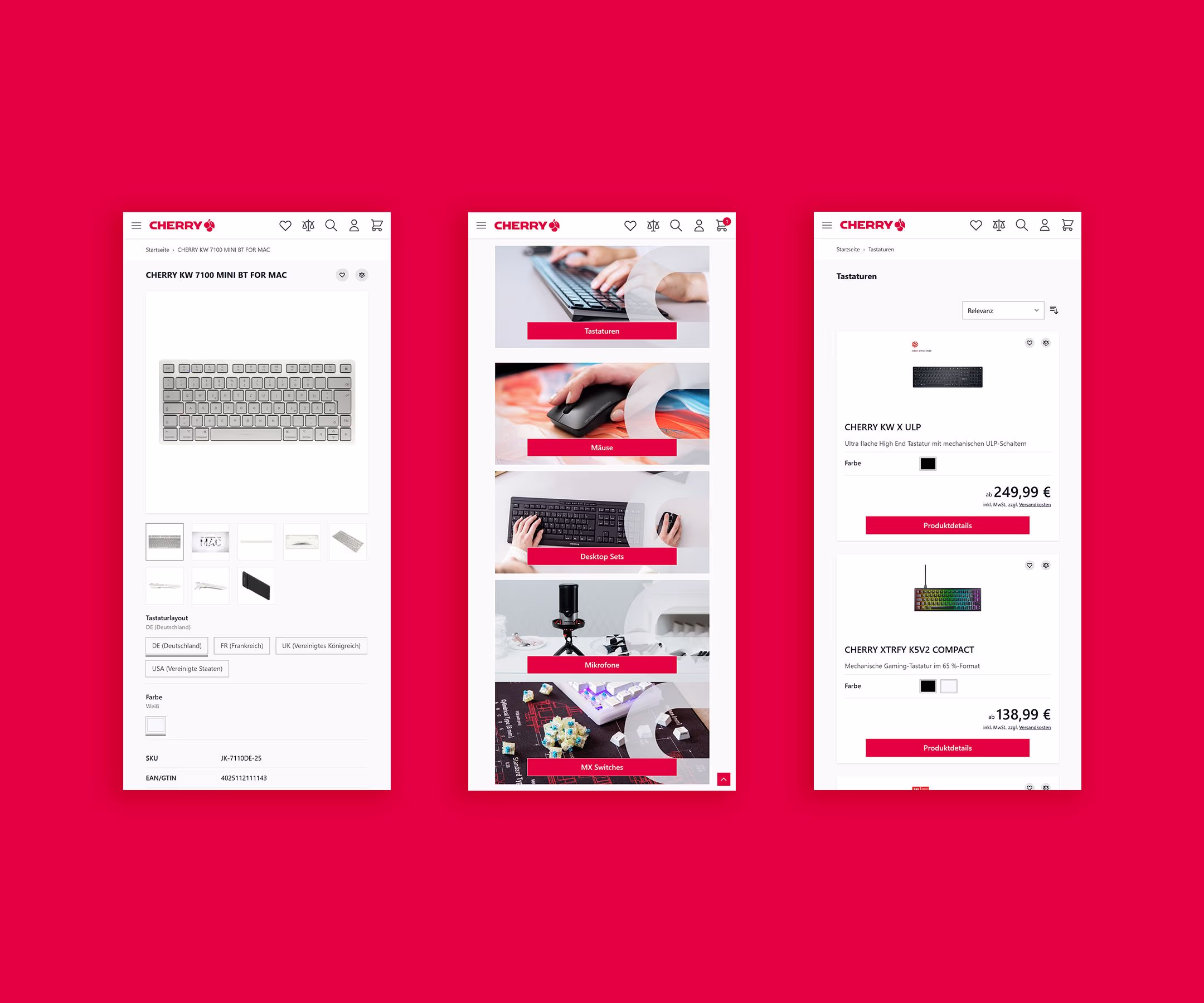 Screenshots aus der mobilen Ansicht des Webshops von Cherry. Bilder befinden sich vor einem rotpinken Hintergrund.