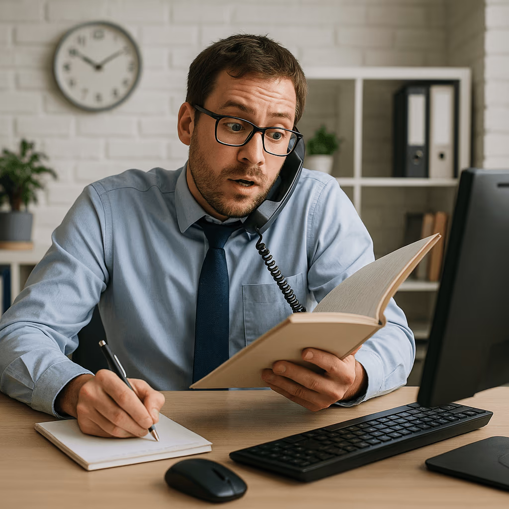 Foto eines überforderten Büroangestellten, der einen Anruf entgegennimmt, Notizen macht und Informationen nachschlägt