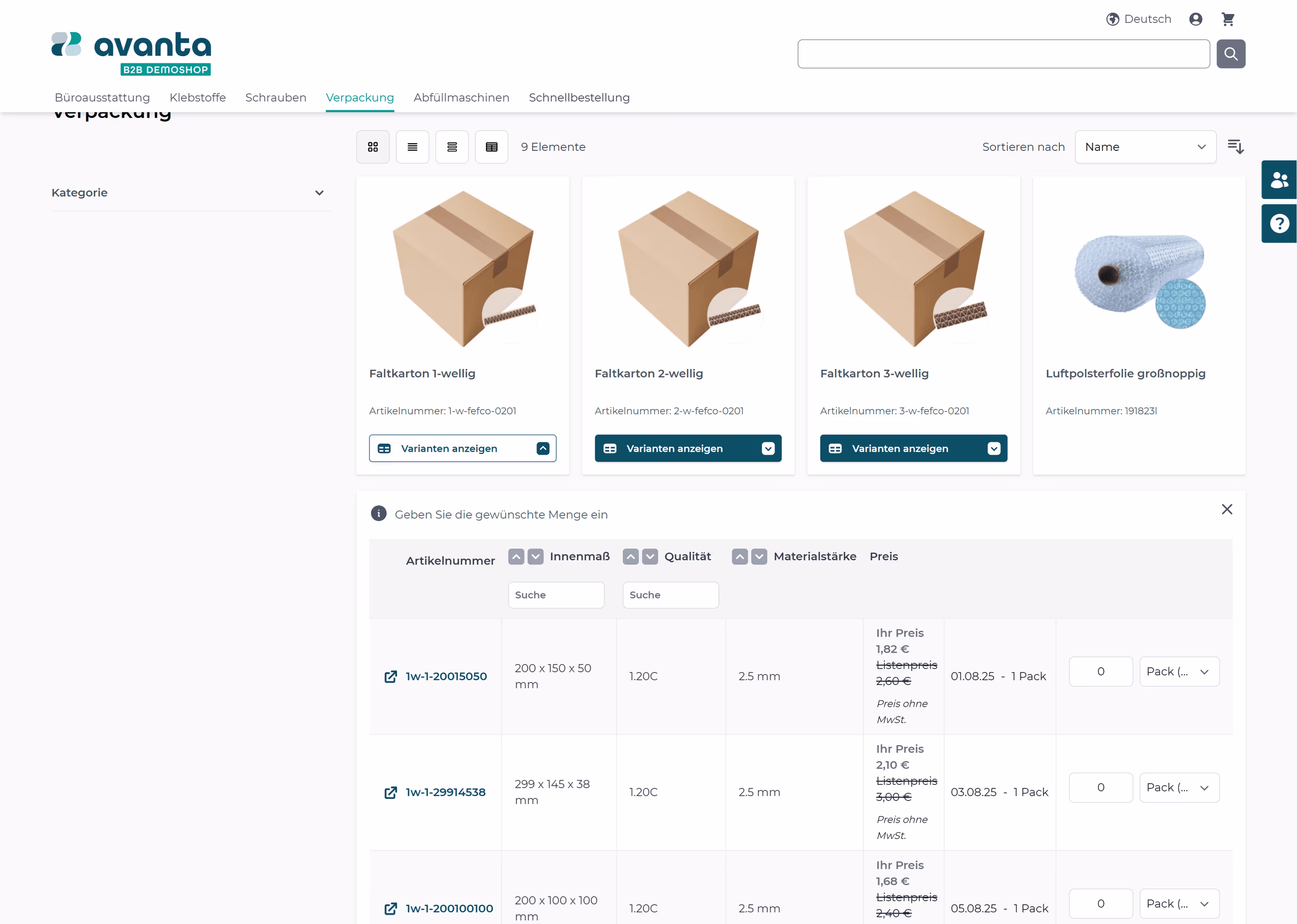 Screenshot des B2B avanta-Demoshop für die Verpackungsbranche